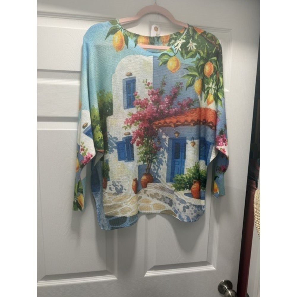 L110 Loowie Greek Village Lemon Round Neck Knit Printed Sweater One Size
